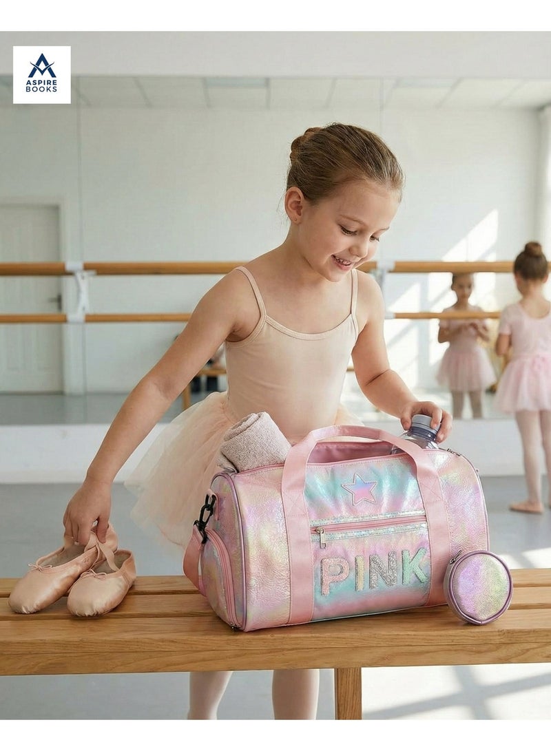 Aspire Books Kids Holographic Duffle Bag with Coin Pouch – Iridescent Travel Weekender & Dance Bag for Girls – Glitter "PINK" Lettering, Star Patch, and Adjustable Strap – Perfect for Shopping, Outings, and Sleepovers (Pink/Rainbow) - Image 1